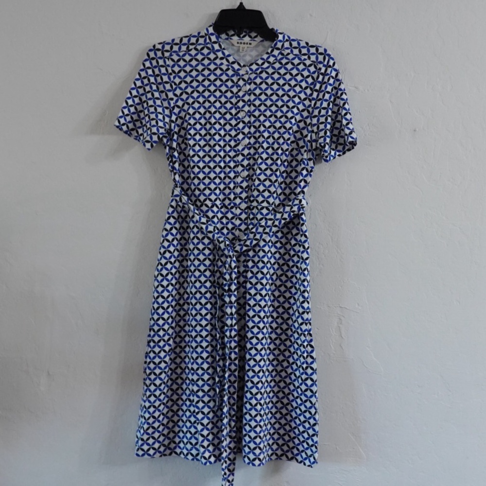 Boden Blue Geometric Print Shirt Dress – Size‎ 6P, Short Sleeve, Belted